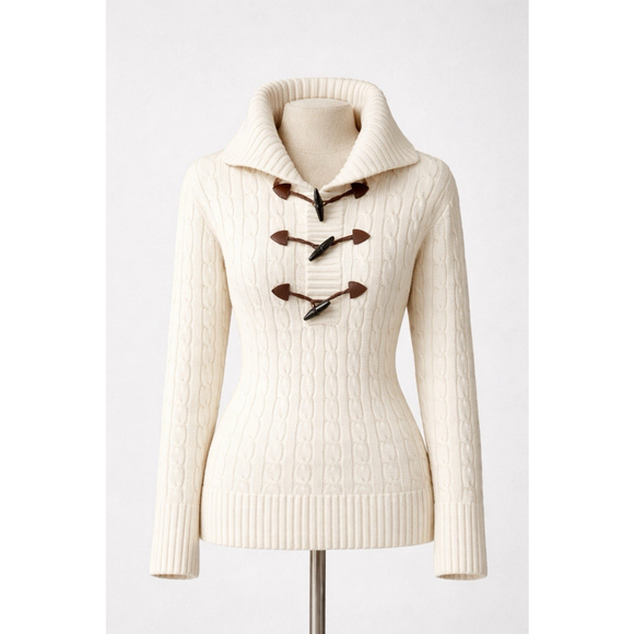 Ralph Lauren Wool Cashmere Toggle Cable Knit Sweater High Neck Ivory Women sizeL - Picture 13 of 16